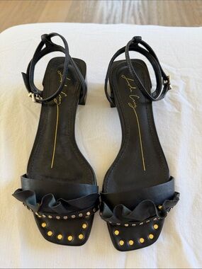 Neiman Marcus Black Ruffle Ankle-Strap Sandals with Gold Studs